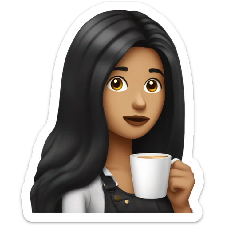 a girl with long black hair drinks coffee and eating a croissant sticker