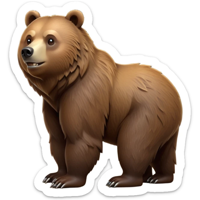 cinematic-[grizzly bear]-realistic-full-body-standing on all fours-emoji,-tail-tucked-close,-head-tilted-dramatically,-thick-[brown]-fur,-simplified-yet-realistic-focused-features,-highly-detailed,-glowing-with-an-almost-sarcastic-glow sticker