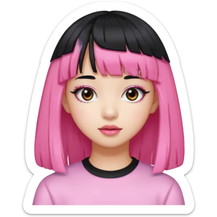 Girl with black hair but pink bangs and has a K-pop global pop star face sticker