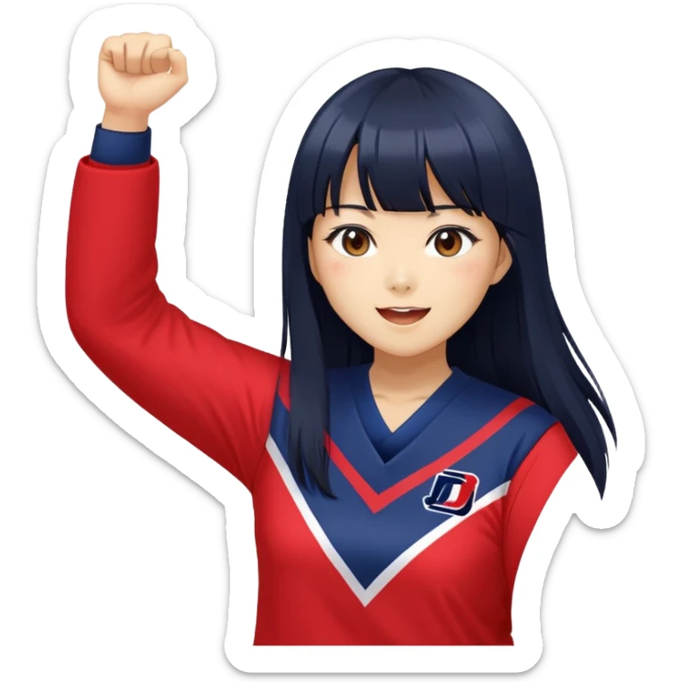 East Asian woman with long black straight hair and bangs wearing Doosan Bears team colors navy blue and red, cheering sticker