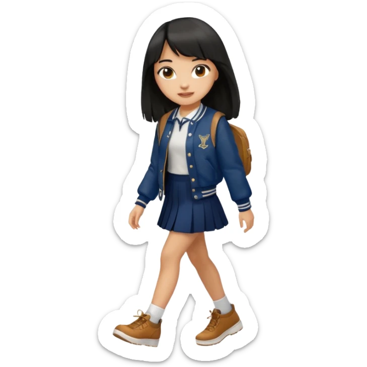 black color long hair with fringe, light skin long hair girl with brown varsity jacket,  navy long skirt walking

 sticker