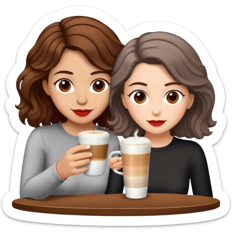 puerto rican woman light skin with shoulder-length, wavy, brown hair drinking latte with pale jewish woman with short, red gray, very straight hair drinking espresso at table sticker
