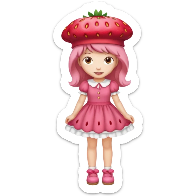 Strawberry shortcake human girl full body and legs with a strawberry hat on her head and dress without a cake sticker