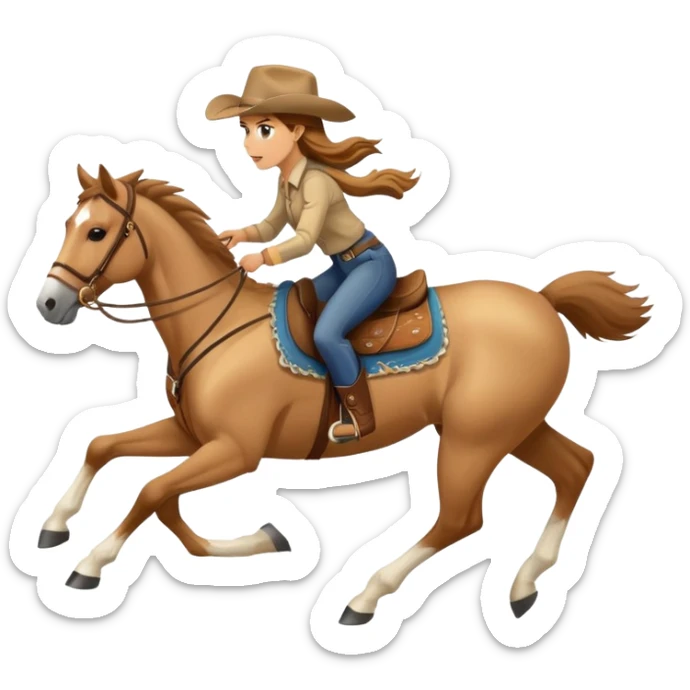 palomino horse running with a woman rider with brown hair and a cowboy hat sticker