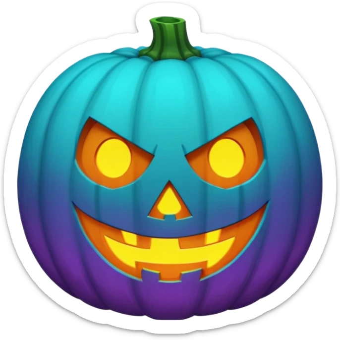 A futuristic glowing jack-o'-lantern face emoji, purple and cyan colors only, dark background sticker