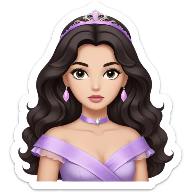 A woman with almond-toned skin, dark voluminous hair in waves, expressive eyes with soft lashes and shimmer, full lips with a glossy nude-pink color, wearing a lavender top and a white sash with “Miss San Juan” in black letters, exuding elegance and confidence sticker