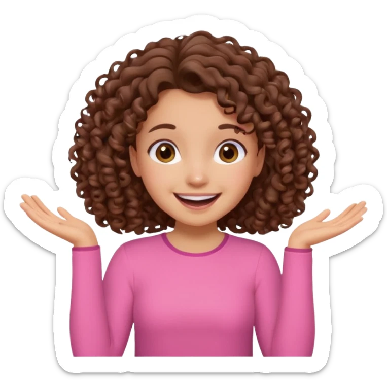 fun cute loud popular pretty girl modest curly brown hair pink top excited sticker