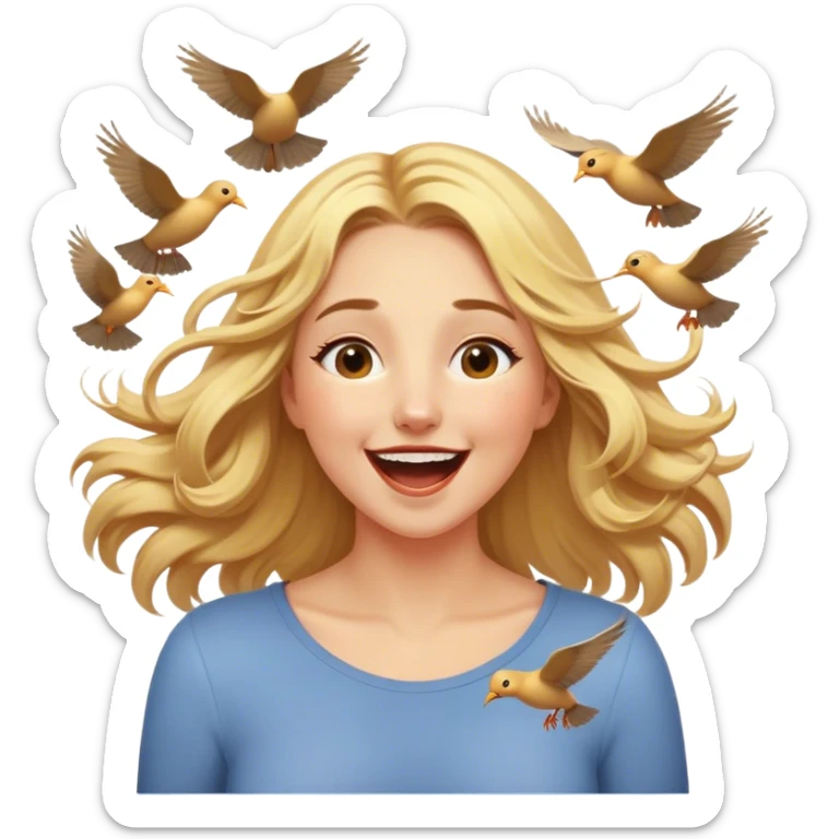 Cinematic Adorable Aurora Portrait Emoji, Giggling in surprise as birds land on her shoulders, cheeks flushed, golden locks bouncing, an irresistible mix of playfulness and beauty! sticker