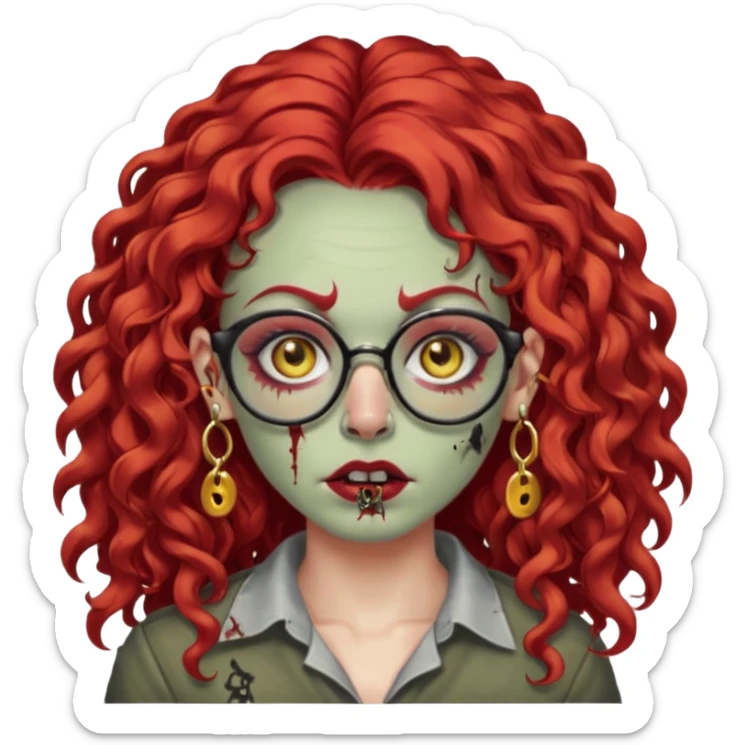 zombie with long red curly hair, thick lashes, black glasses, gold nose piercings on each side of her nose, and a gold eyebrow piercing. sticker