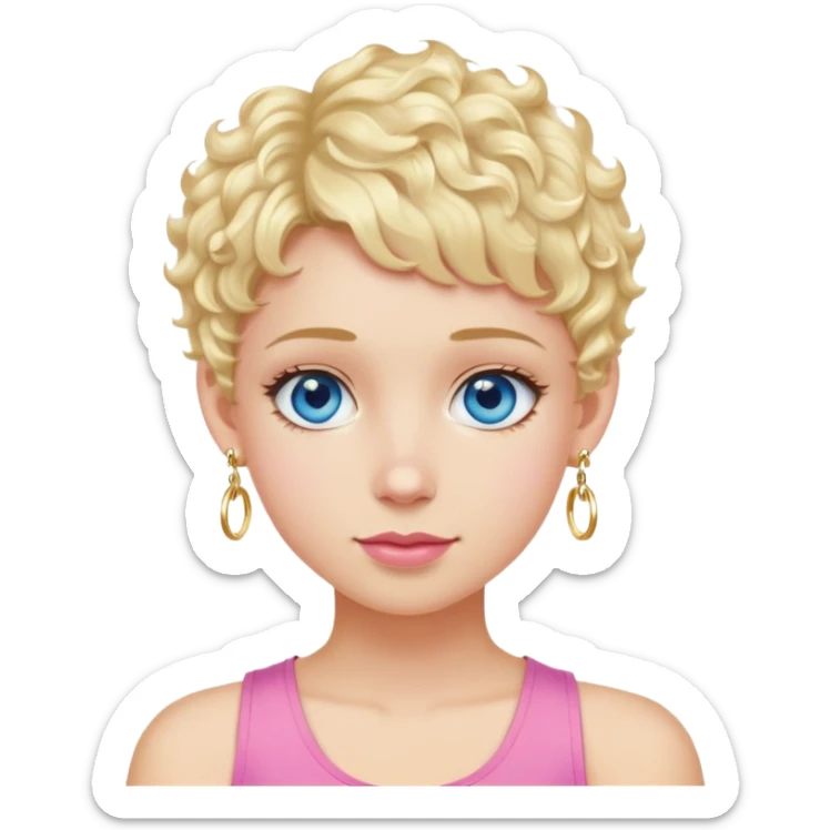 Girl with light blonde pixie cut hair, curly, pink tank top, dangly gold earrings, blue eyes sticker