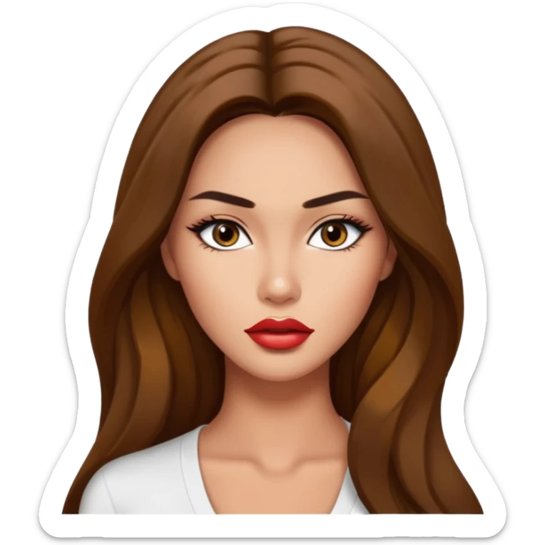 Emoji of a glamorous fashion model, tan skin, monolid eyes, full lips, long hair, white top, inspired by Megan Fox sticker
