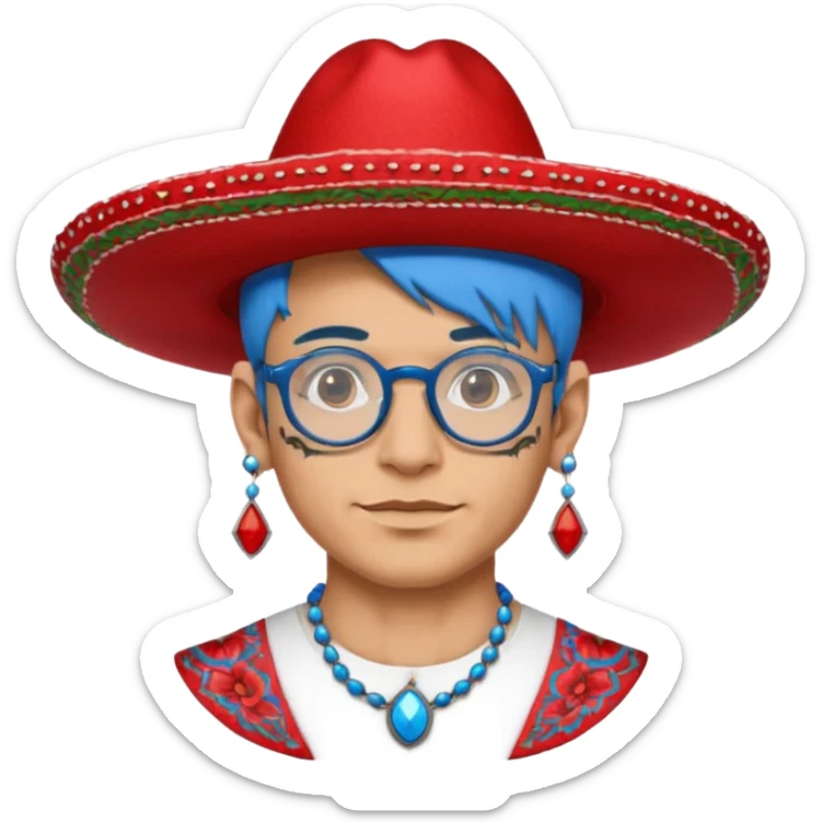 unique looking tourist with big unique red tourist sombrero and earrings, man with lots of tattoes and spectacles, blue hair showing sticker