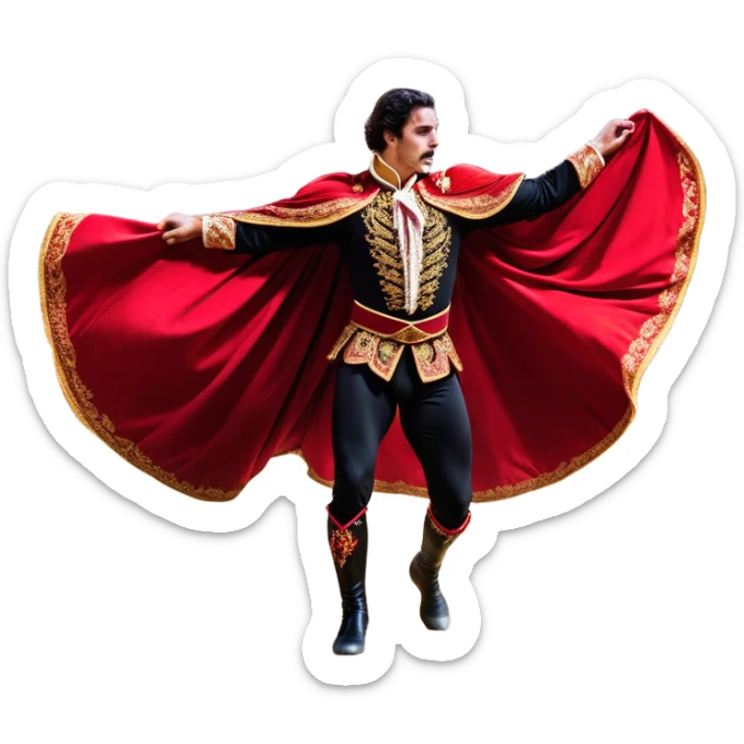 ​Cinematic Realistic Spanish Matador Holding a Red Cape, depicted in mid-action with a vibrant red cape flowing in the wind, dressed in an ornate traje de luces with shimmering details, confronting a charging bull in a dramatic arena, rendered with dynamic motion blur and vivid, high-contrast lighting, sticker
