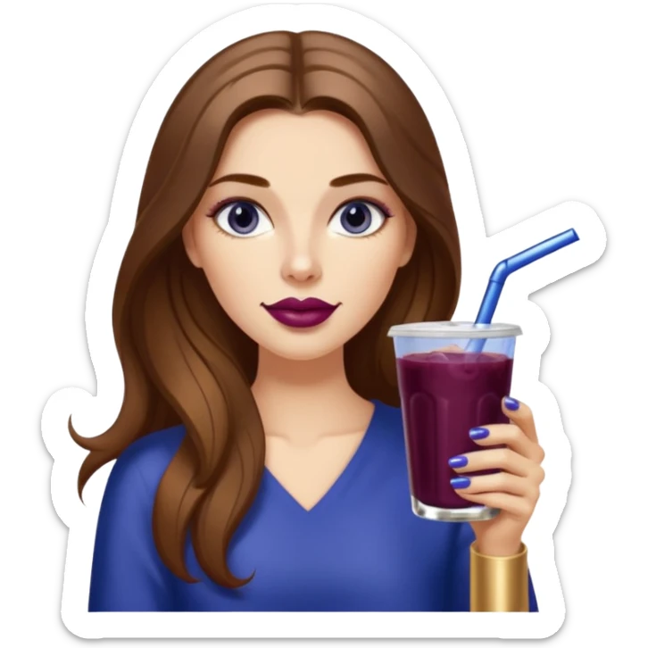 girl with long brown hair, wine lipstick, gold nail polish, drinking a blueberry butter pecan iced coffee with a metallic straw  sticker