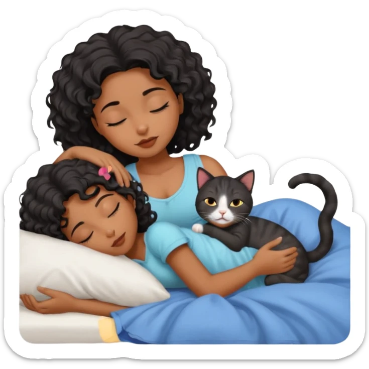 sleeping pretty black wavey hair girl in the bed, her cat is working instead of her sticker
