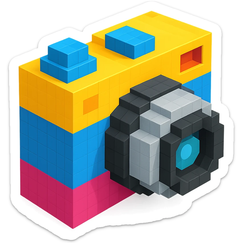 classic design camera in voxel style, isometric view sticker
