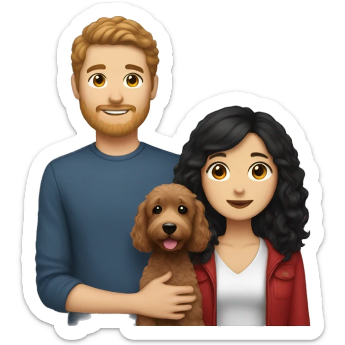 guy with brown hair and asian girl with long black hair holding red goldendoodle sticker