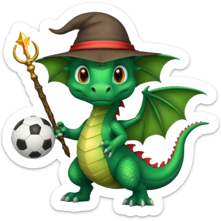 ein Drache mit einem Zauberstab in der Hand  und einen Hud  auf dem kopf,ein Fussball in der anderen hand sticker