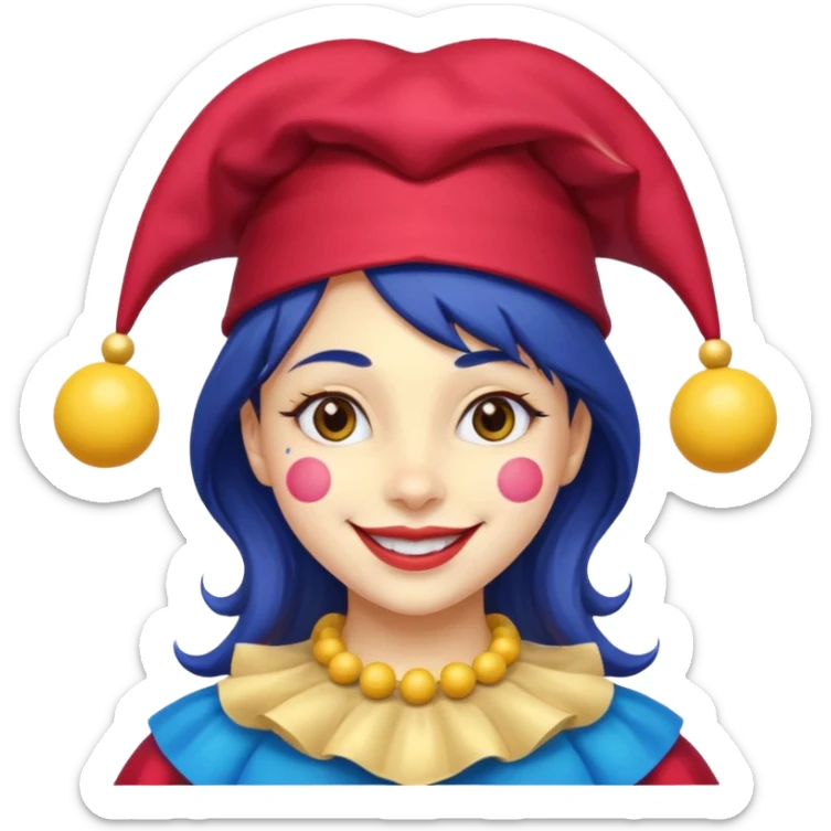Girl with red and blue jester hat with yellow balls on the ends of the jester hat smiling with rosy cheeks and dark hair sticker