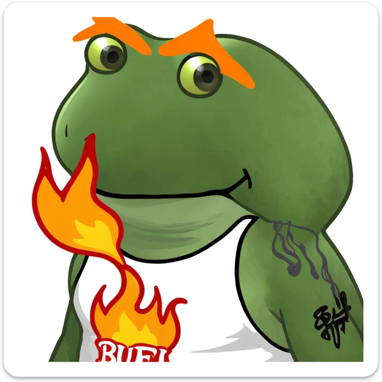 bold rebellious frog character in streetwear pose with the word 'BUFU' in flaming letters above or behind it, urban graffiti-inspired style, vibrant colors, dynamic energy sticker