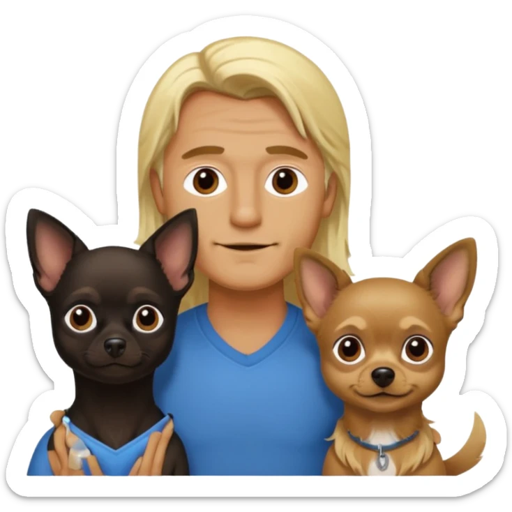 Hombre con pelo largo rubio su pareja chica de pelo castaño oscuro y un chihuahua negro sticker