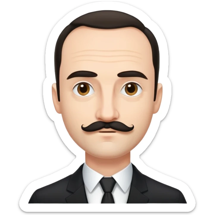 Man in black suit with a very small black moustache. His hairline goes straight from left to right. He doesn’t wear a hat sticker