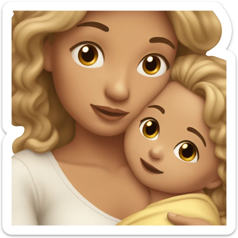 light Tan girl with long wavy hair and hazel eyes holding newborn baby boy in arms  sticker