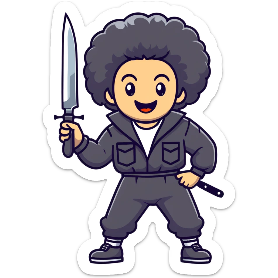 wild savage person in 1988 retro outfit with big hair, holding knife, evil laughing expression sticker