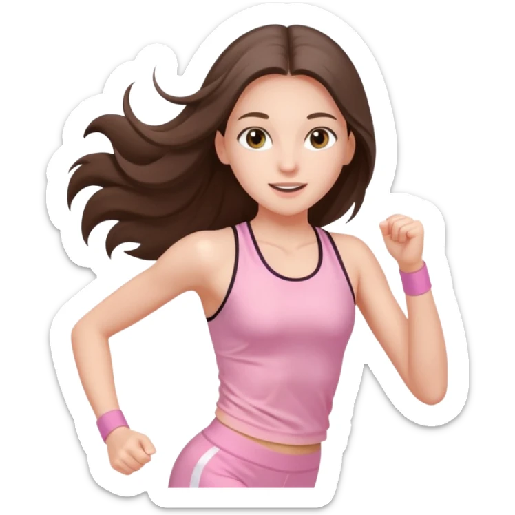 white happy brunette teen long hair with hazel eyes in light pink workout clothes jogging through fiish line sticker