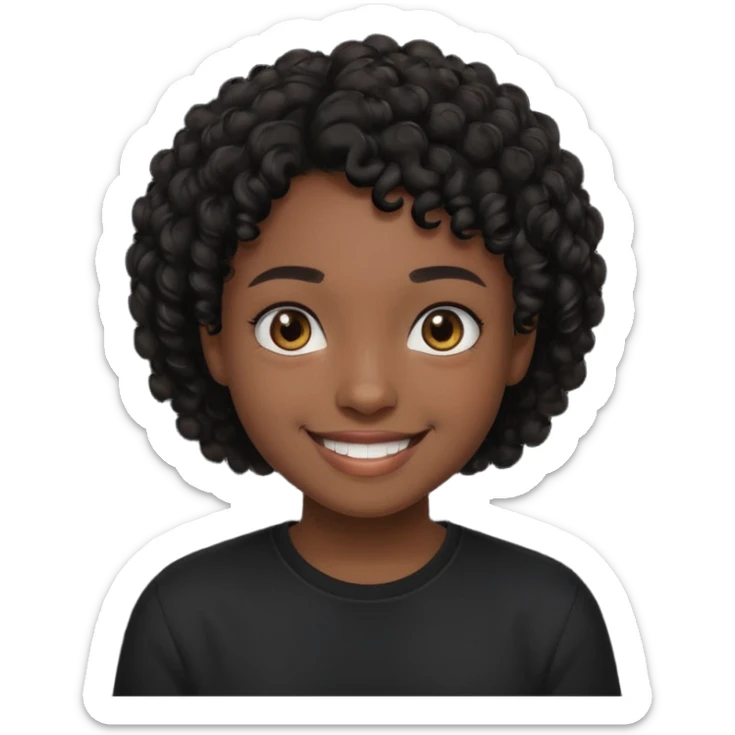 Un adolecente con camisa negra, pelo rizad, corto negro y de color moreno sonriendo sticker