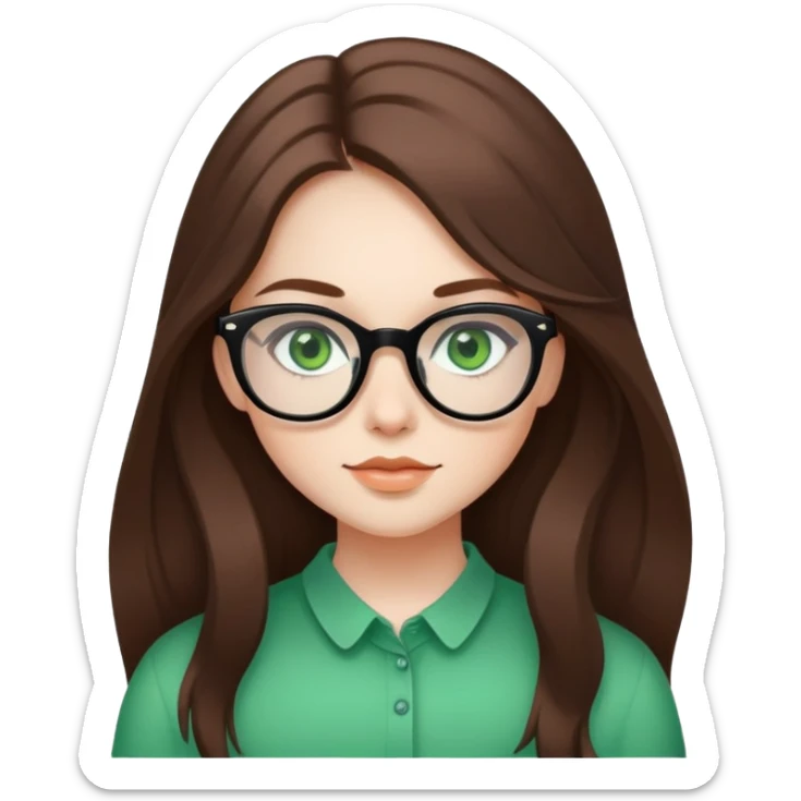 Girl with long brown hair, bright green eyes and thick-framed black glasses. Delicate and harmonious features. sticker