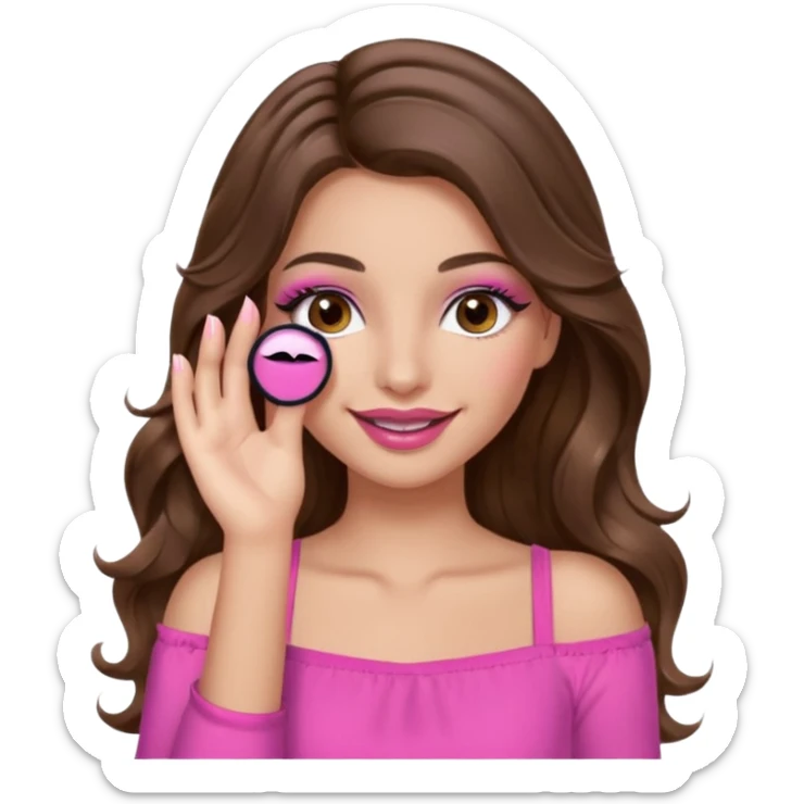 girl with long wavy brown hair, brown eyes, long lashes makeup, sexy pink lips, light to medium complexion, pink sexy top, smiling, hand covering eyes sticker