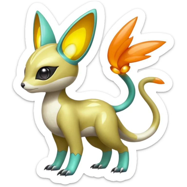Shiny exotic animalistic feral Colorful glowing glossy smooth soft silky Futuristic Cyber-Vernid-Trico-Meloetta-Latias-Koraidon-Peppercat-Protogen-Pokémon-Digimon-Fakémon-fusion-hybrid-creature sticker