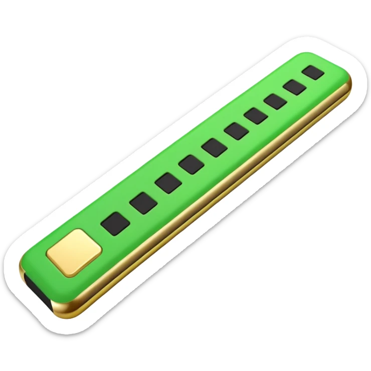 Apple-style 3D emoji of a simplified RAM stick, cartoon-style but recognizable, green with gold edge and black squares representing memory chips. sticker