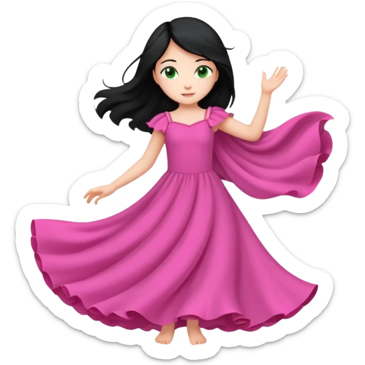 Una chica de 10 años volando con la piel clara el pelo negro y los ojos verdes con un vestido largo y rosa sticker
