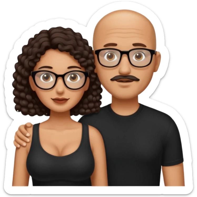 A picture of a tanned couple. the man is a Mexican man with tanned skin, with a bald hair cut, short beard and wearing a black shirt, no glasses. the woman is wearing rectangle shaped glasses, with long curly dark brown hair and with big boobs  sticker