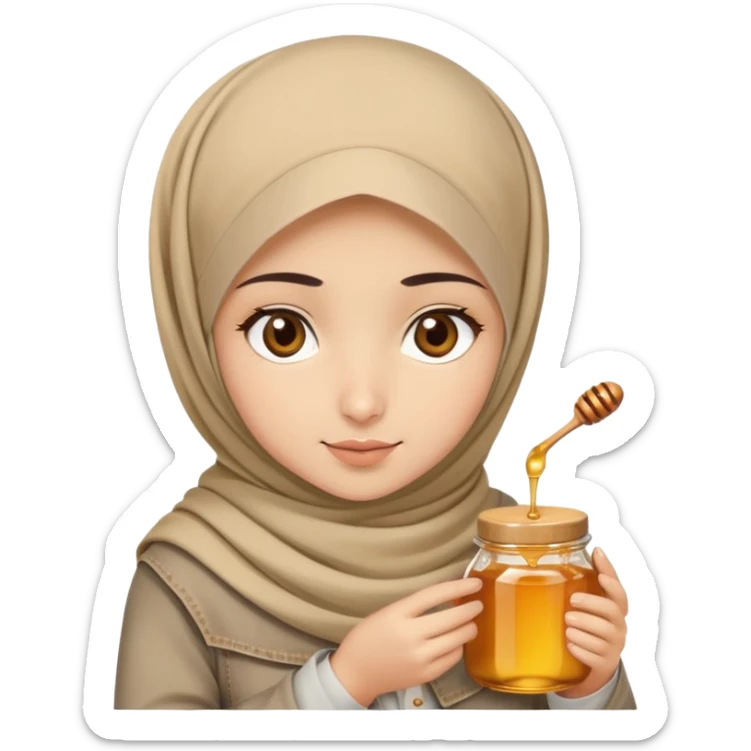Turkish beautiful finish Konya boy brown eyes with beige denim hijab islamic and had on her hand honey and bitter sticker