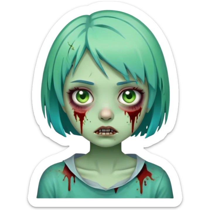cartoon zombie girl with short turquoise hair bob cut, green decaying skin, bloody scars sticker