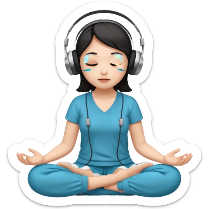 An East Asian woman🧘🏻‍♀️ is sitting cross-legged in a meditation pose, wearing Apple headphones🎧 and listening to music. The song is so beautiful that she has her eyes closed and tears streaming down her face. sticker