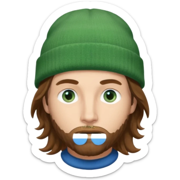 white man
aged 40
Blue eyes, 
mid length brown wavy hair
Green beanie hat sticker