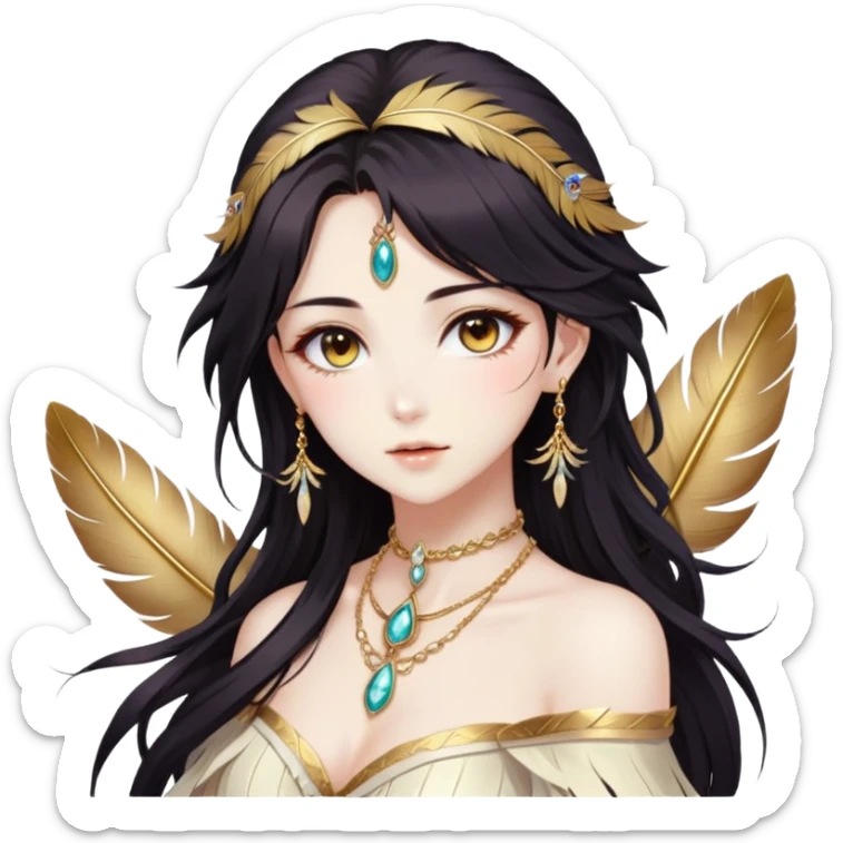 Beautiful gorgeous anime lady with beautiful dark-brown-special-hair, fashion aesthetic, ethereal, feather, accessories, gold jewelries, gold, colorful,  sticker