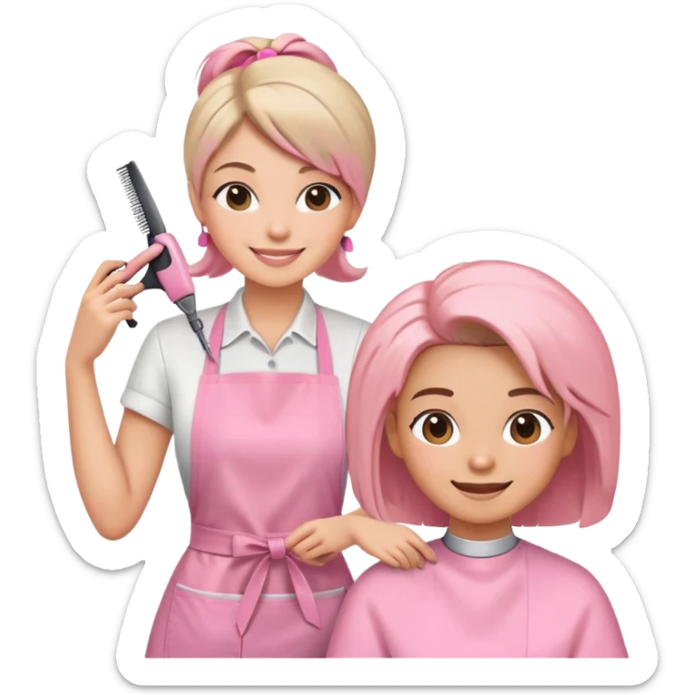happy woman in pink apron getting a haircut from smiling female hairstylist sticker