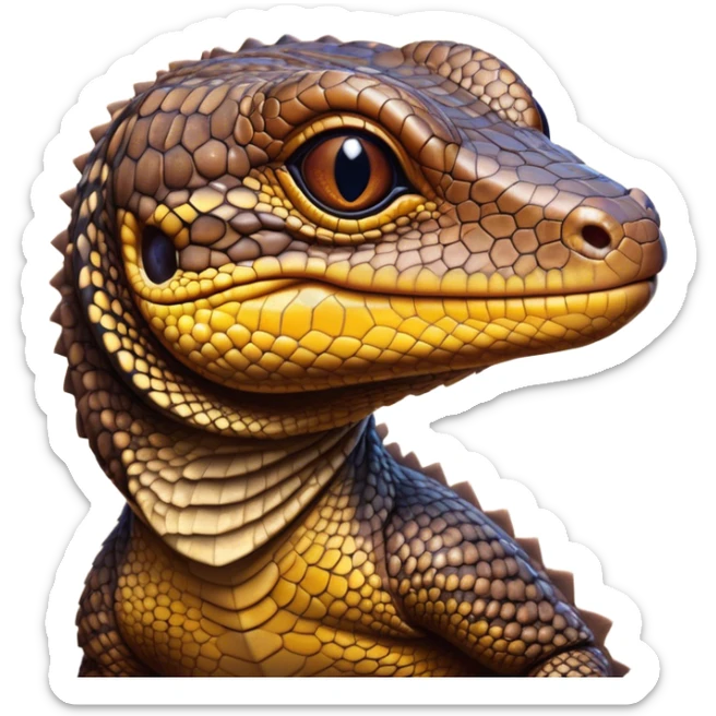 Cinematic Cute brown camo spotted monitor Lizard Portrait Emoji, Head tilted playfully and inquisitively, with a sleek, patterned body accented by vibrant hues and round, sparkling eyes full of wonder, Simplified yet irresistibly adorable features, highly detailed, glowing with a warm, friendly glow, high shine, affectionate and lively, stylized with a touch of exotic charm, bright and endearing, soft glowing outline, capturing the essence of a mischievous yet captivating lizard that seems as if it could scuttle out of the screen into your arms! sticker