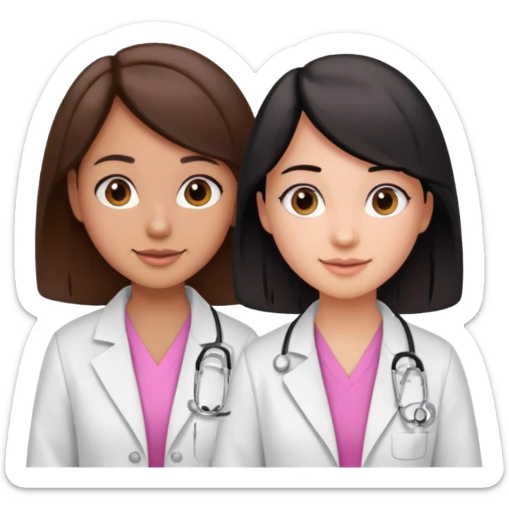 cientificas con blusa rosa y bata blanca felices, una chica con pelo marrón y otra chica un poco mas pequeña con pelo negro, deben tener la piel un poco brinceadas sticker
