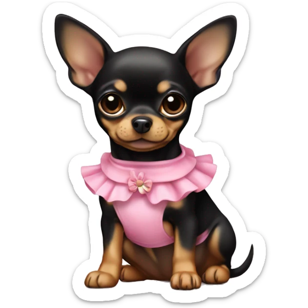 black & tan chihuahua puppy wearing a pink dress sticker
