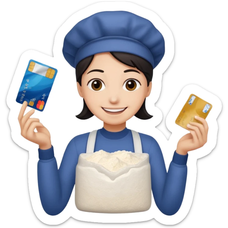 happy emoji with credit card in hand and a pile of flour sticker