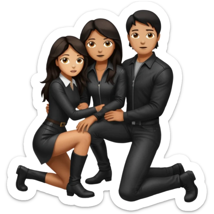 Tan skin with freckles, long dark hair, hazel eyes Dominatrix standing over a dark haired man who is kneeling at her knees sticker