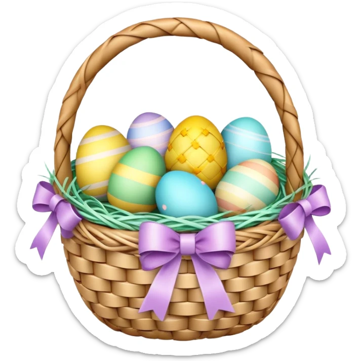 3D emoji of a colorful Easter basket filled with decorated eggs, pastel ribbons, and a woven texture in glossy emoji style. sticker