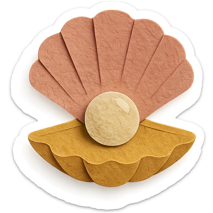 close-up of a clam holding a pearl, textured paper details, paper-craft style sticker