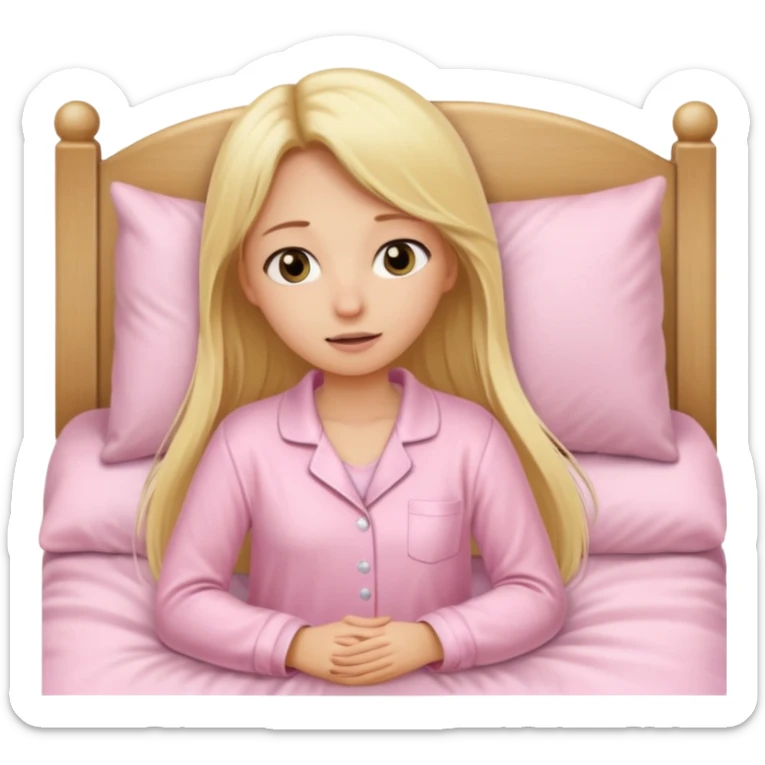 A girl in a light pink pajama wakes up in bed, her hair long, blonde, and straight. sticker